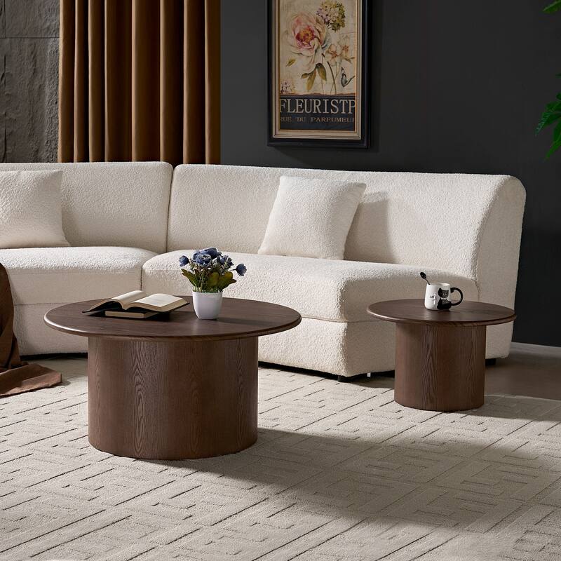 Round Nesting Coffee Tables Set of 2, Modern Center Table with Wood Grain Finish, End Table Side Tables for Living Room
