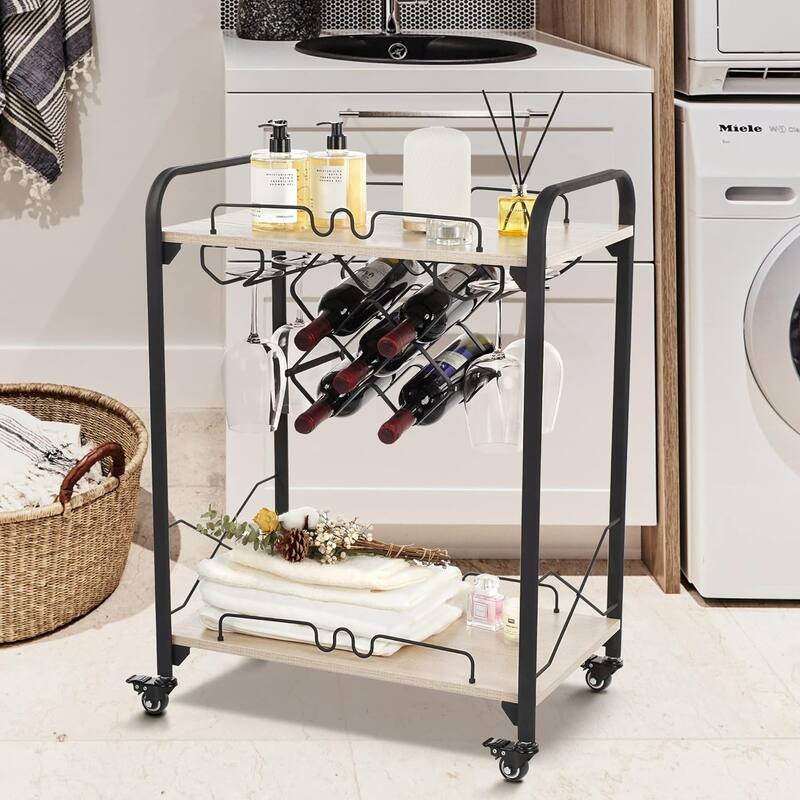 2Tier Mobile Bar Serving Cart with Wine Racks and Glasses Holders