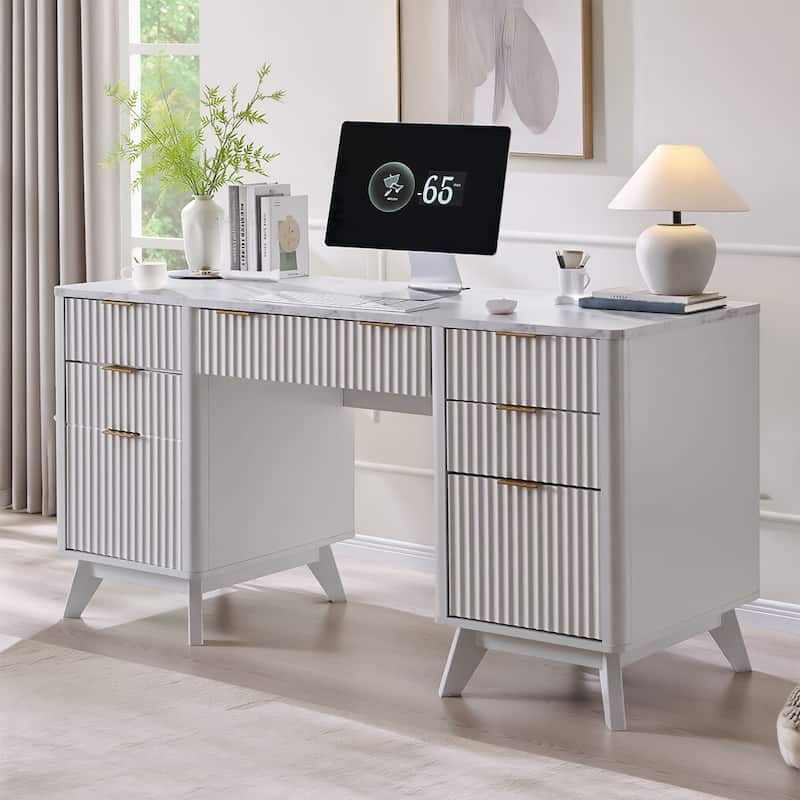 Modern Executive Desk with Charging Station, Home Office Computer Desk - White