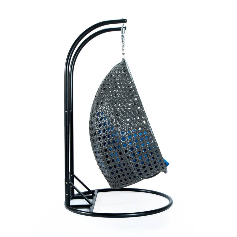 LeisureMod 2-Person Hanging Egg Swing Chair with Metal Stand - Handcrafted Charcoal Wicker, Patio Hammock Lounger with Cushions