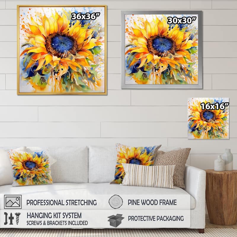 Designart "Yellow Blue Golden Cheerful Sunflowers" Sunflowers Framed Canvas Wall Art