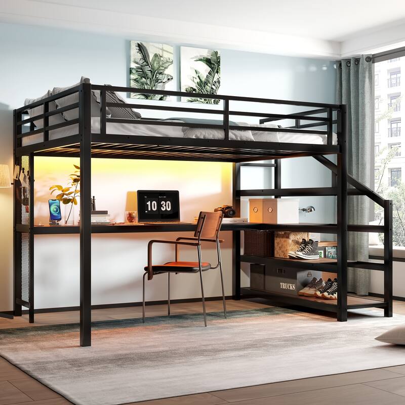 Queen Size Loft Bed Frame with Built-in Desk, Storage Stairs, LED Lights, Charging Station and Multifunctional Iron Nets