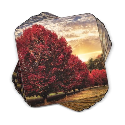 Pimpernel Set of 6 Crimson Trees Coasters - 4 Inches Sq.