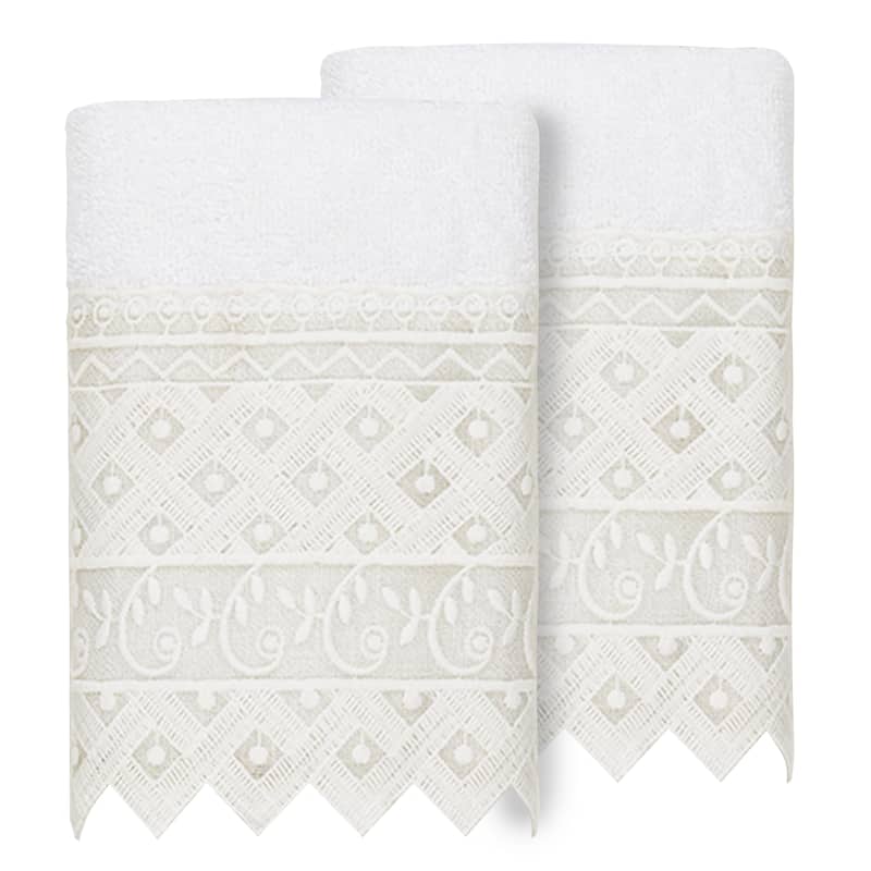 Authentic Hotel and Spa 100% Turkish Cotton Aiden 2PC White Lace Embellished Washcloth Set - White