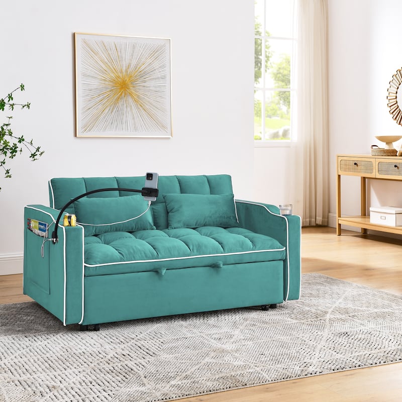 55.51 Inch Foldable Sofa Bed In 3 Lengths,Velvet Pull-out Bed,Adjustable Back,With USB Port And Ashtray And Swivel Phone Stand