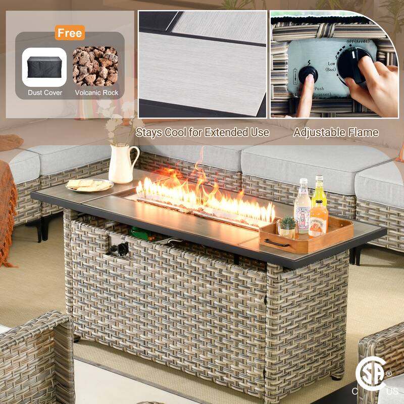 HOOOWOOO 10-piece Outdoor Wicker Wide Arm Patio Furniture Set with Fire Pit