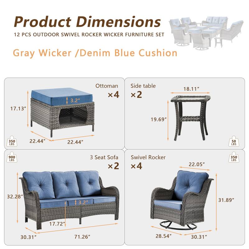 12 Piece Patio Furniture Set Outdoor Wicker Chair Sofa Ottoman Cushion