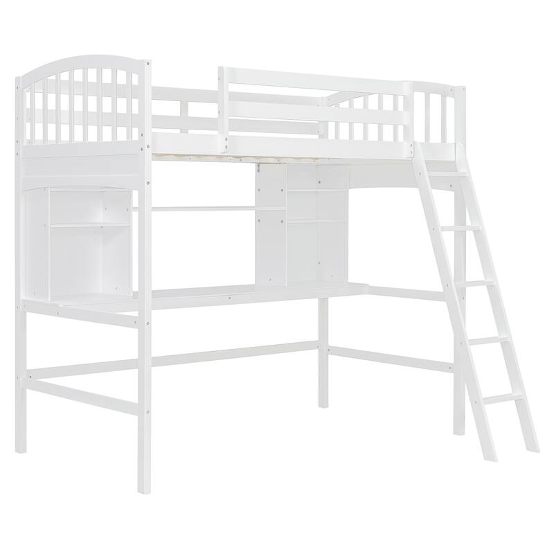 Twin size Loft Bed with Storage Shelves, Desk and Ladder, White
