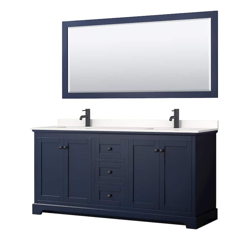 Wyndham Collection WCV232372D-QTZ-UNSM70 Avery 72" Free Standing - Dark Blue / White Quartz Top / Matte Black