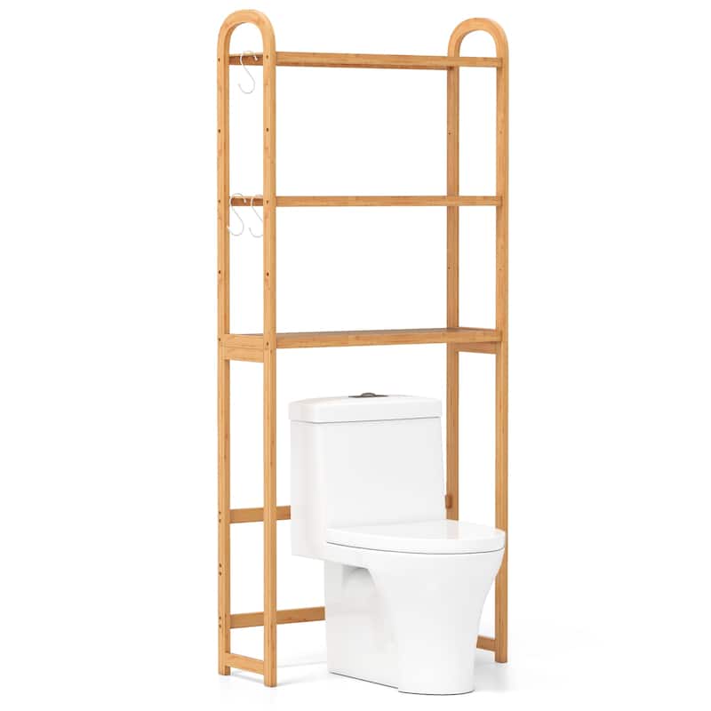 3-Tier Bamboo Bathroom Floor Organizer with 5-Position Shelves and 3 Hooks-Natural - Multi