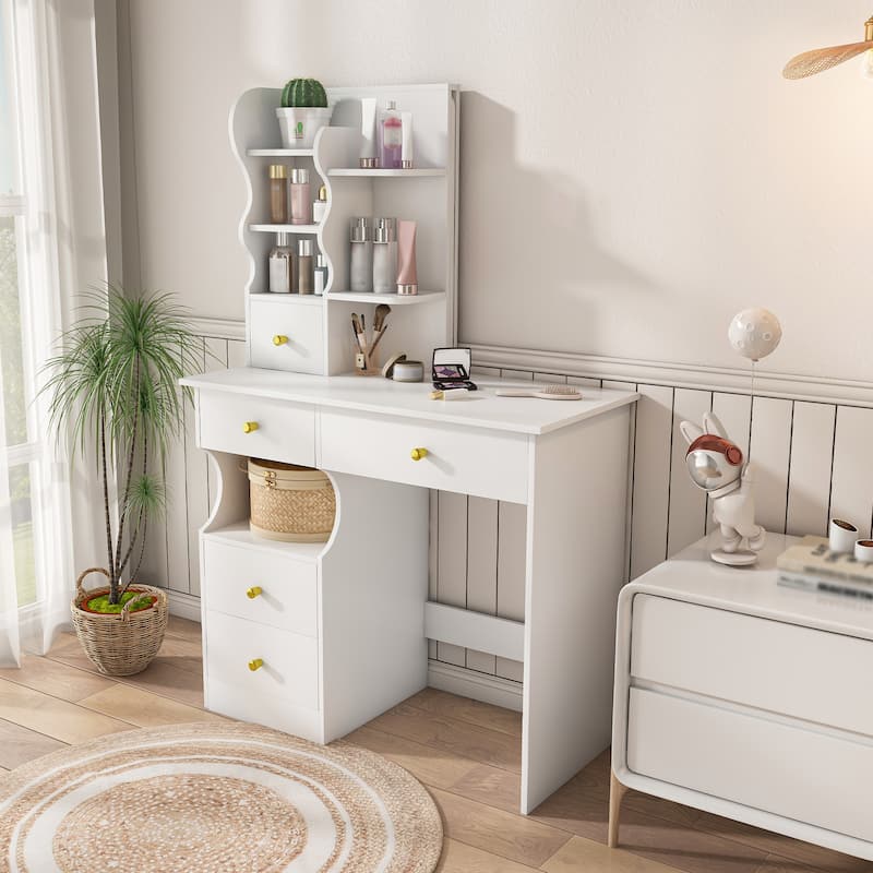 White dressing table, mirror and LED light, 5-drawer dressing table, movable and hidden mirror, 3-color mode touch screen