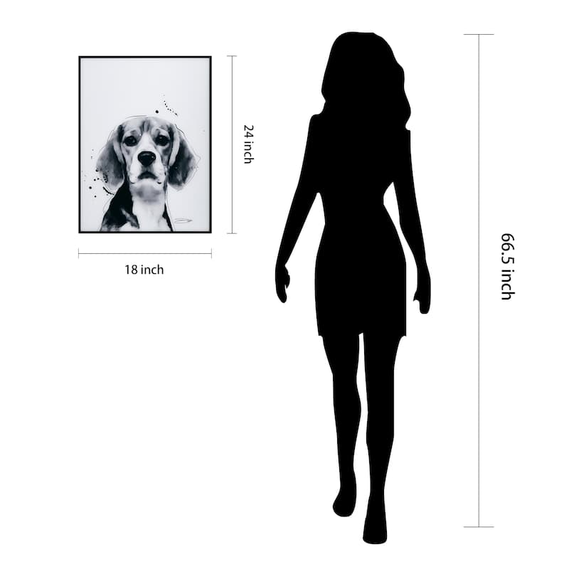 "Beagle" Black and White Pet Paintings on Printed Glass Encased with a Black Anodized Frame