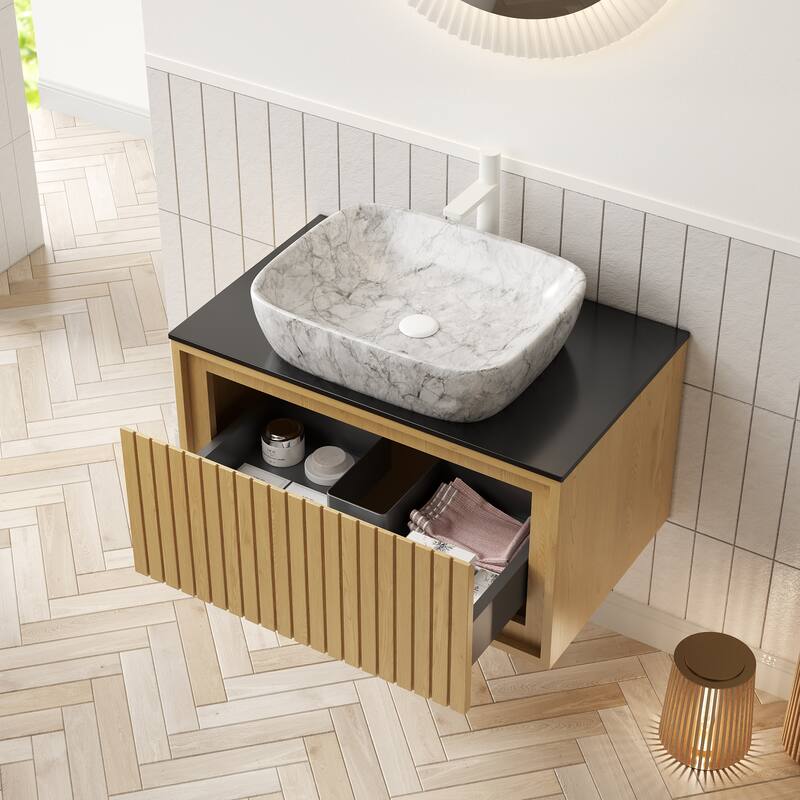 GDFStudio - Kolas Modern 30" Floating Bathroom Vanity, Corolla Oak Finish & Black Sintered Stone Countertop, WITHOUT Faucet