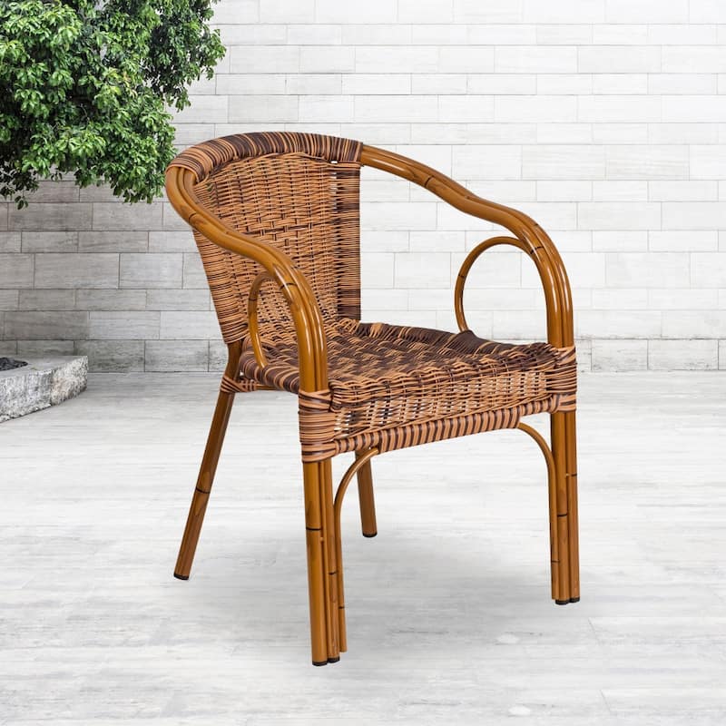 Rattan Bamboo-Aluminum Patio Chairs (Set of 3) - Burning Brown Rattan/DarkRed Bamboo-Aluminum Frame