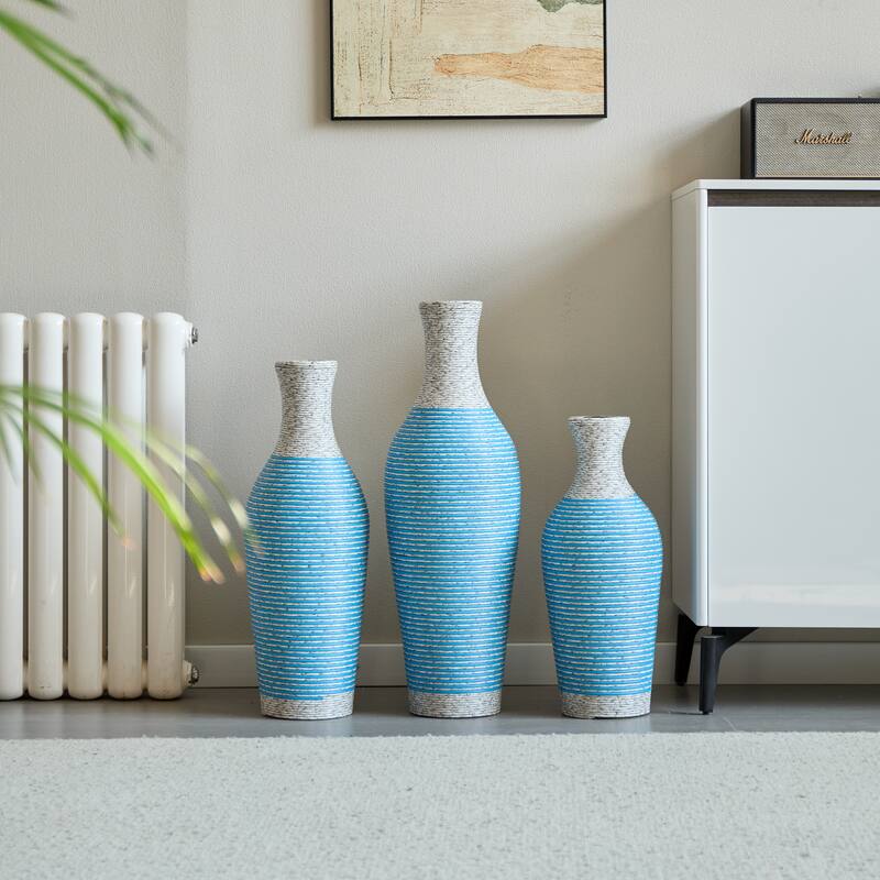 Desktop Vase Set of 3 Pieces, Decorative Floor Vase, Artificial Vine Vase PVC Floor Vase Home Decoration Flower Stand - White+Blue