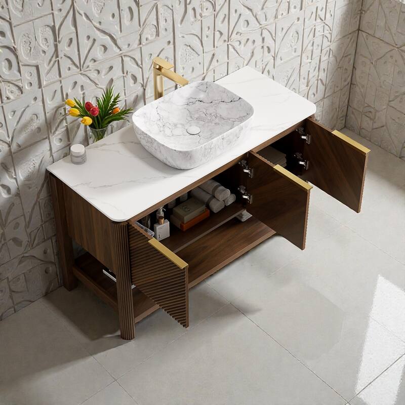 48" Freestanding Bathroom Vanity with Marble Pattern Vessel Sink, Carrara White Sintered Stone Top & Solid Wood Striped Doors