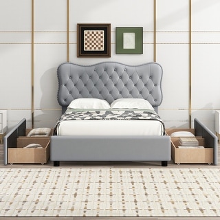 Upholstered Platform Bed with Rivet-Decorated Button Headboard - Bed ...