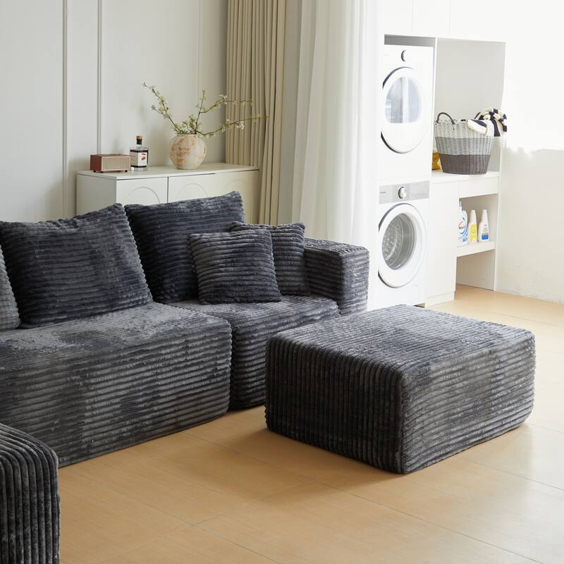 Modular Sectional Sofa with Chaise & Ottoman, Fabric Upholstered Boneless Cloud Sofa, Deep Seat Corner Sofa with Side Pockets