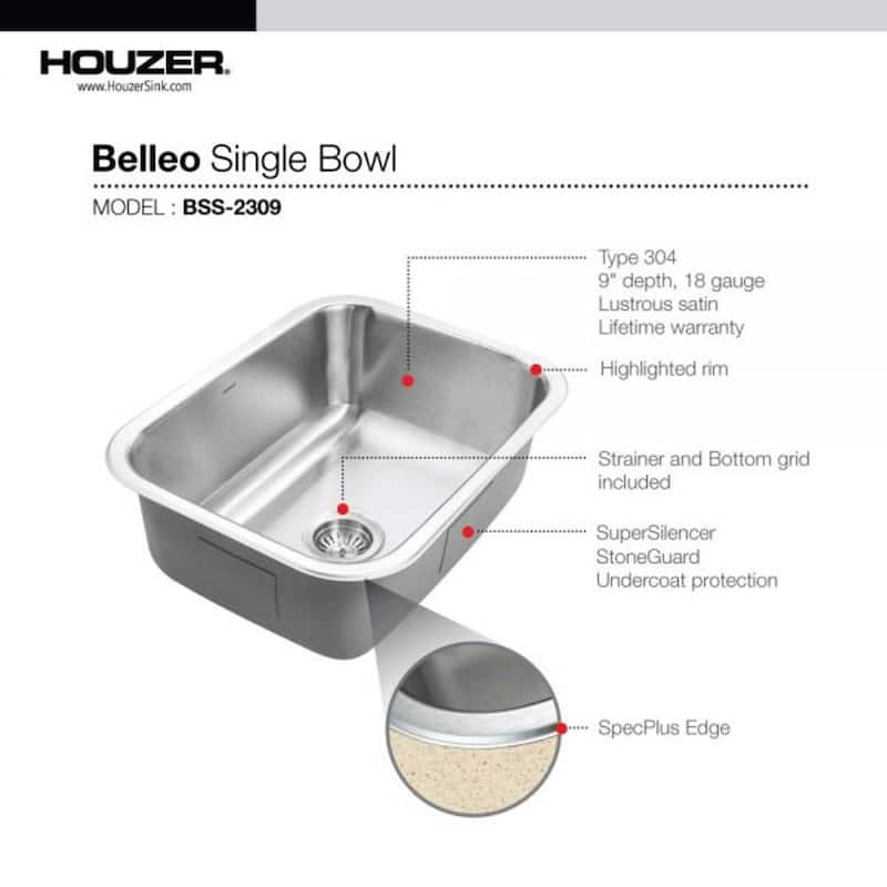 Houzer Belleo Stainless Steel Drop-in Topmount Single Bowl Kitchen Sink with Strainer & Grid - 23 Inch