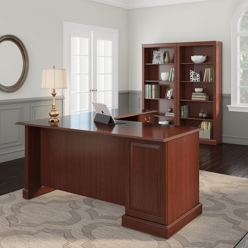 Saratoga L Shaped Computer Desk and Bookcase Set by Bush Furniture - Harvest Cherry