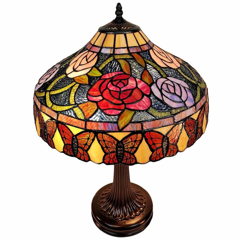 Dark Brown Metal Table Lamp with Multi Stained Glass Shade Pull Chains - 12” x 21” x 23” (D x W x H) - Multi