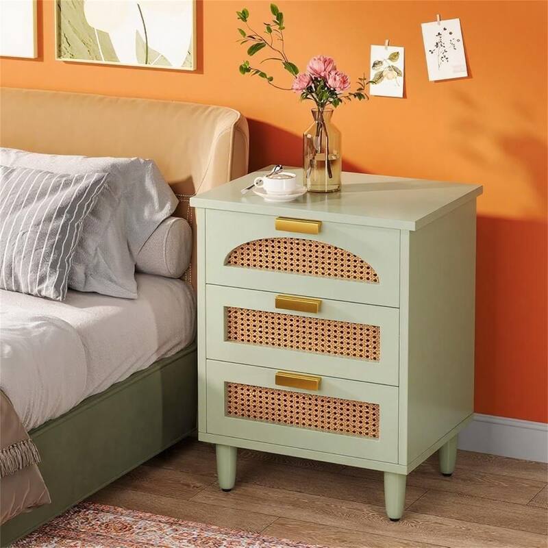 Mint Green & Rattan Nightstand with 3 Drawers