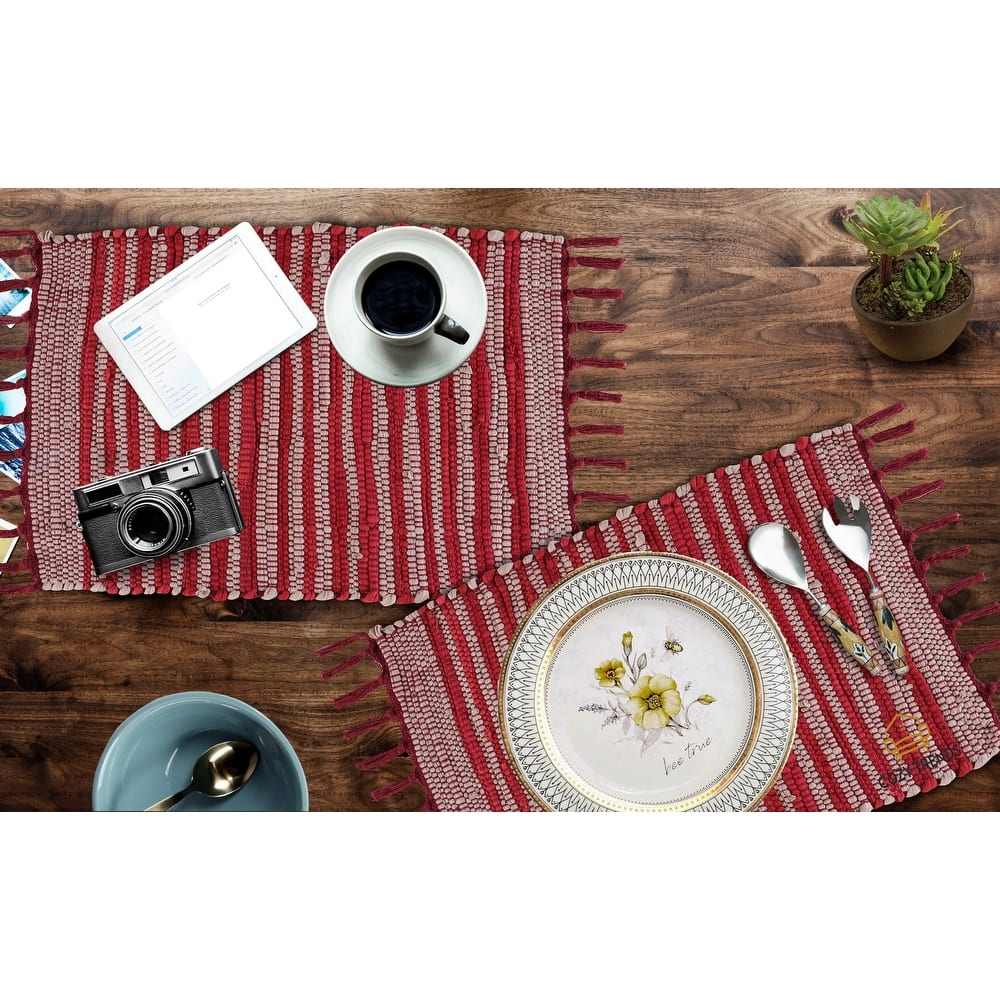 100% Cotton Woven Placemats for Dining Room Rectangle 14''x20'' with Fringes | Set of 6 | Washable