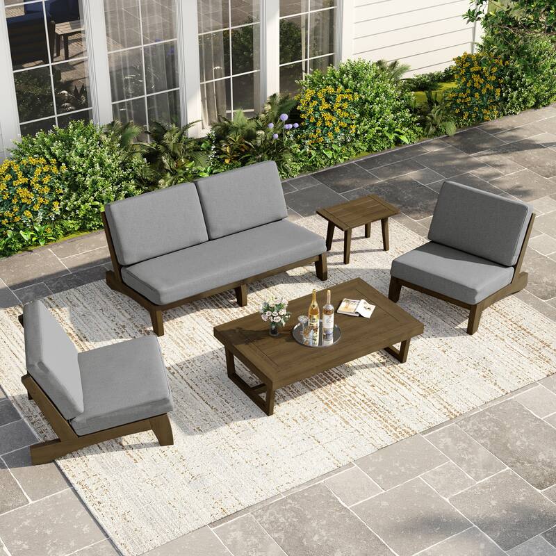 Casual Teak Wood 5-Piece Outdoor Patio Conversation Set - Natural Wood - Grey