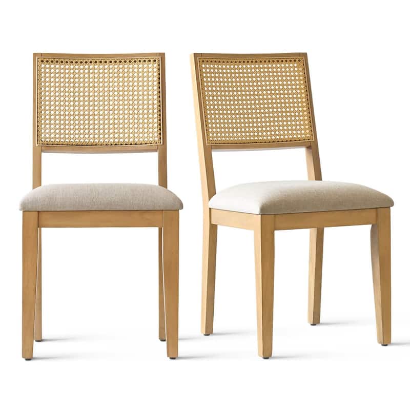Rattan Back Upholstered Dining Chair With Solid Wood Legs(Set of 2)