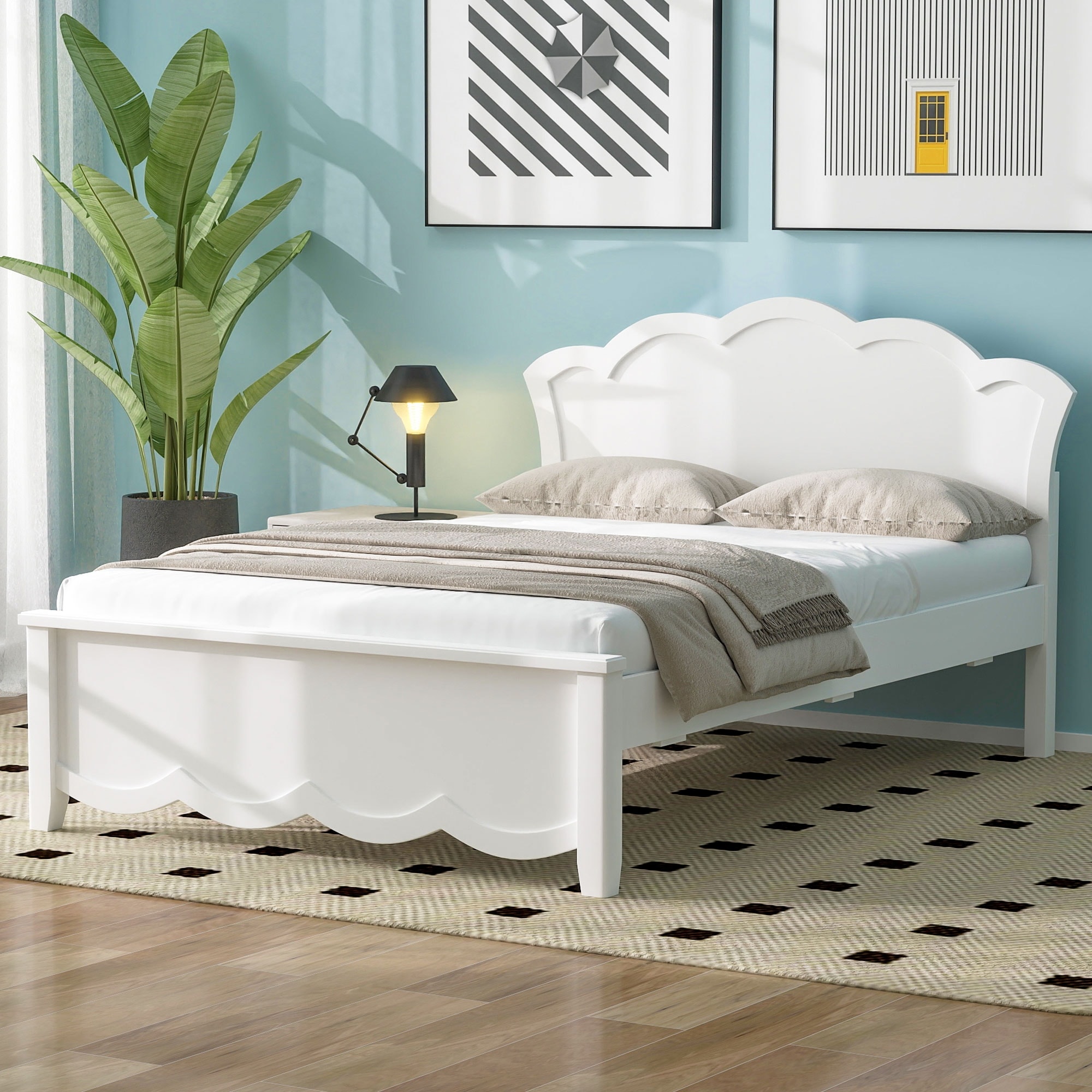 Twin Size Wood Platform Bed with Headboard, White, Sturdy Wood Bed Frame