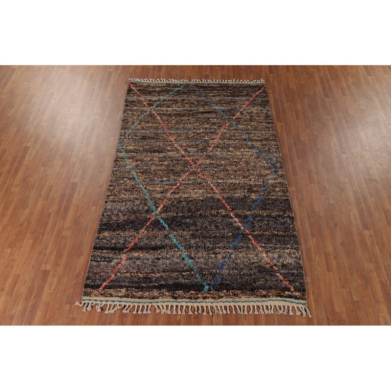 Brown Plush Moroccan Oriental Area Rug Hand-Knotted Wool Carpet - 6'1" x 10'0"