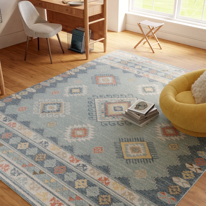 Nourison Washable Beauty Machine Washable Indoor Blue Geometric Area Rug