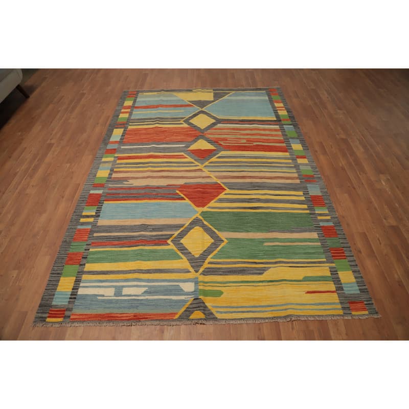 Hand Woven Oriental 100% Wool Carpet Southwestern Tribal Multi-Colored Kilim Area Rug - 8' 5'' X 5' 11''