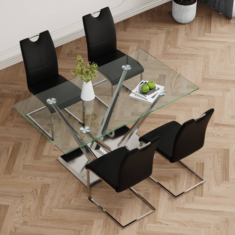 63" Glass Dining Table Set for 4, 5 Piece Dining Table and Chairs Set, Rectangular Table with 4 Faux Leather Chairs & Metal Legs