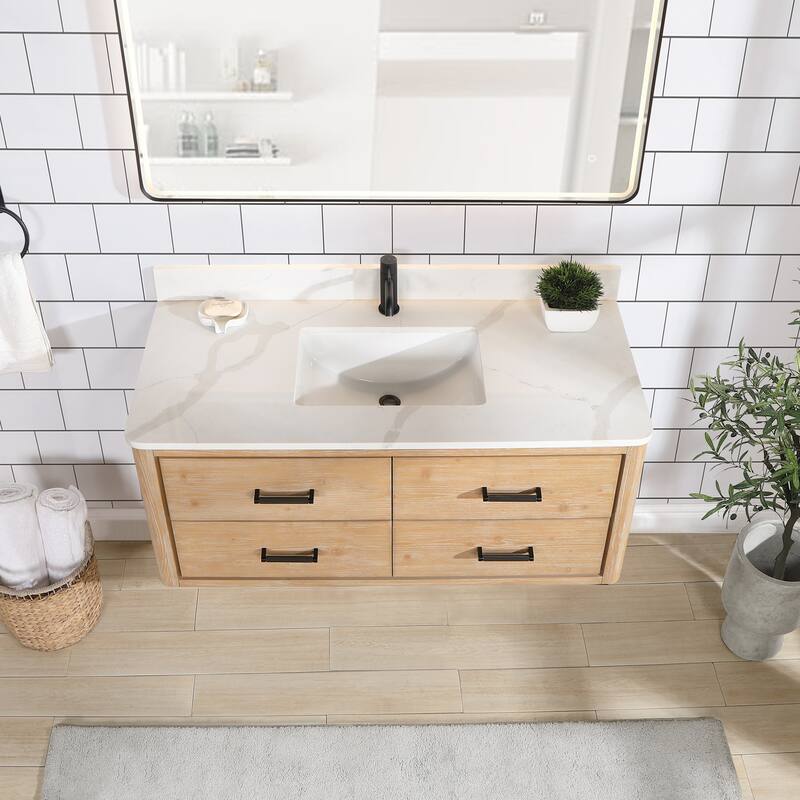 Cristo Floating Bath Vanity with White Quartz Stone Top without Mirror