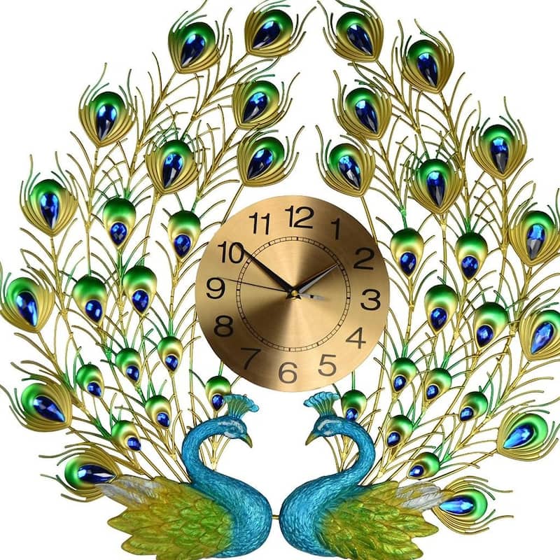 HomeRoots 25" Blue Green And Gold Metal Silent Analog Peacock Novelty Wall Clock - 25.00 in. x 26.00 in. x 2.00 in.