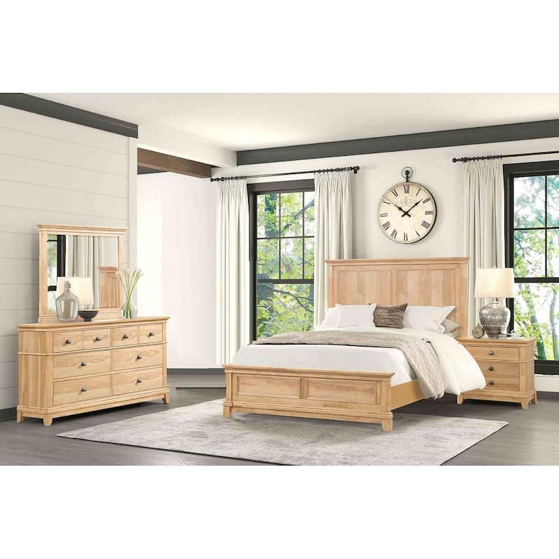 Rustic Farmhouse Natural Oak Finish 4 Piece Bedroom Furniture Set Bed Nightstand Dresser Mirror