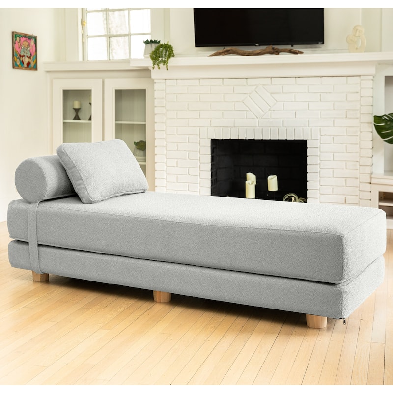 Jaxx Avida Daybed - Fold Out Queen Sleeper - Premium Boucle: Sleek and Modern Lounge for Relaxing and Overnight Guests - Silver