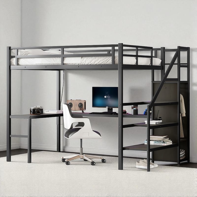 Twin XL/Full XL Metal Loft Bed with L-Shaped Desk, USB, LED Lights, Wardrobe & Storage Stairs for Kids/Teens/Adults - Black - Full