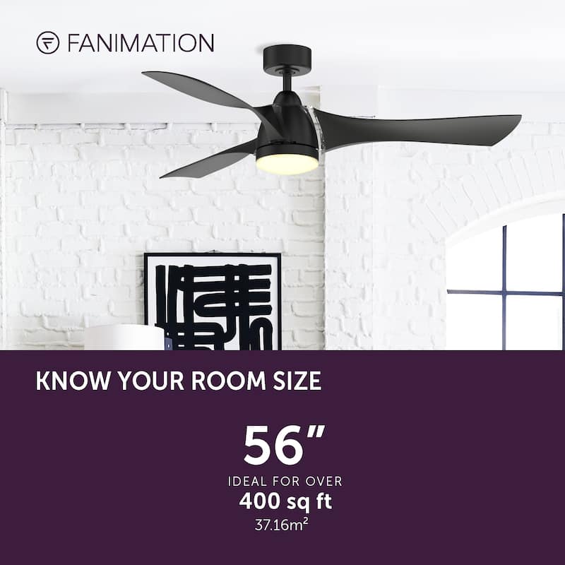 Fanimation Klear 56 inch Indoor/Outdoor Smart Ceiling Fan with LED CCT Select Light Kit and Remote - Black