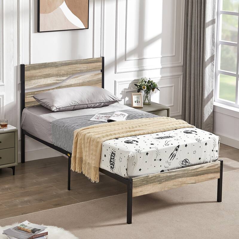 VECELO 2 Pack Twin Size Kids Bed Industrial Platform Bed Frame with MDF Curved Cutout Headboard Twin Size Bed Set of 2