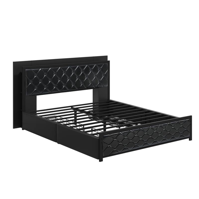 Moasis Queen Bed Frame with Headboard & 4 Storage Drawers, Modern Upholstered Faux Leather Platform Bed