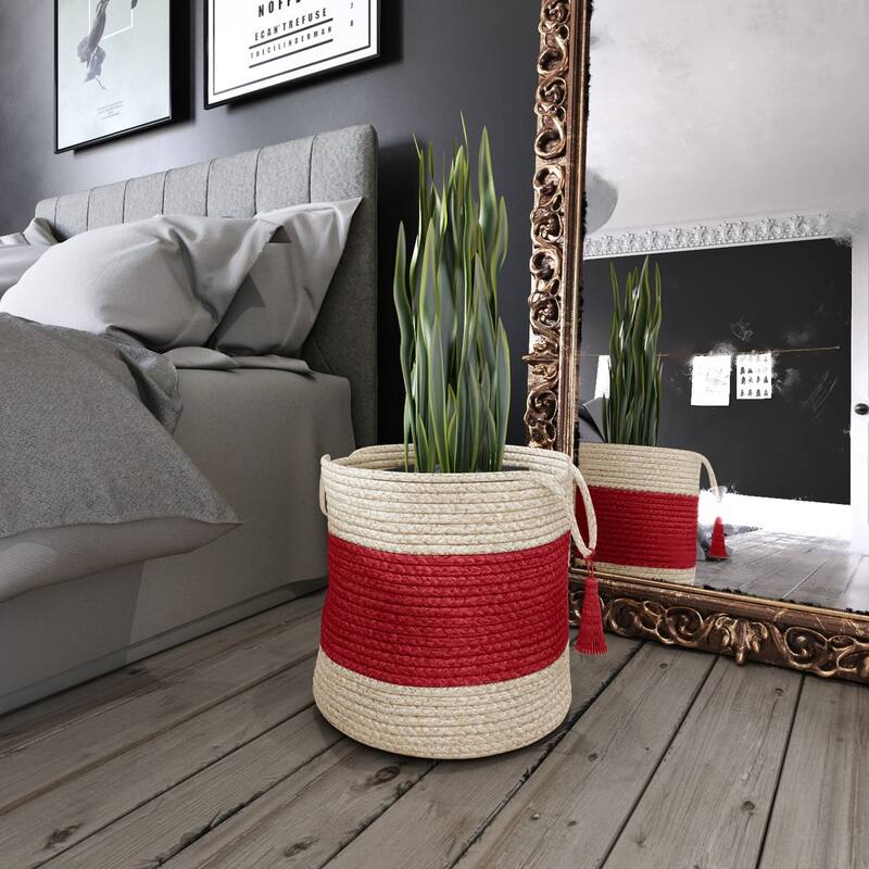 Sevita Bold Striped Off-White Jute Decorative Storage Basket with Handles