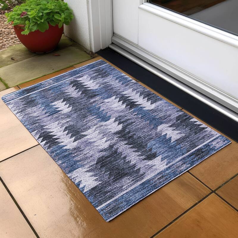 Machine Washable Indoor/ Outdoor Chantille Boho Moroccan Rug - Blue - 1'8" x 2'6"