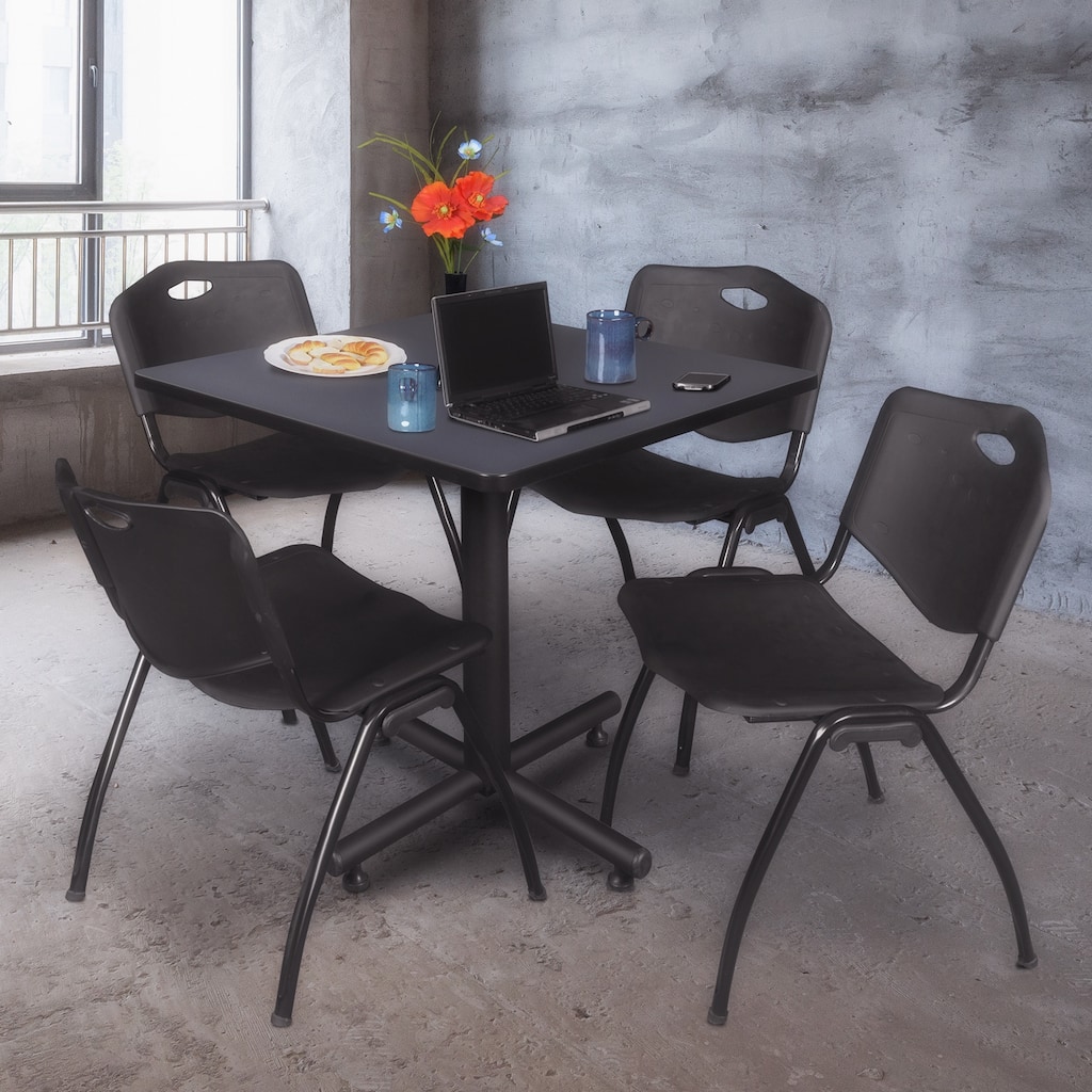 42" Square Breakroom Table- Grey & 4 'M' Stack Chairs- Black - Grey, Black - 42