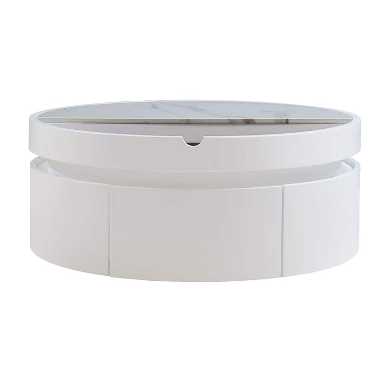 White Round Lift Coffee Table with 1 Drawer in 29.5", Marble and Wood Grain Tabletop
