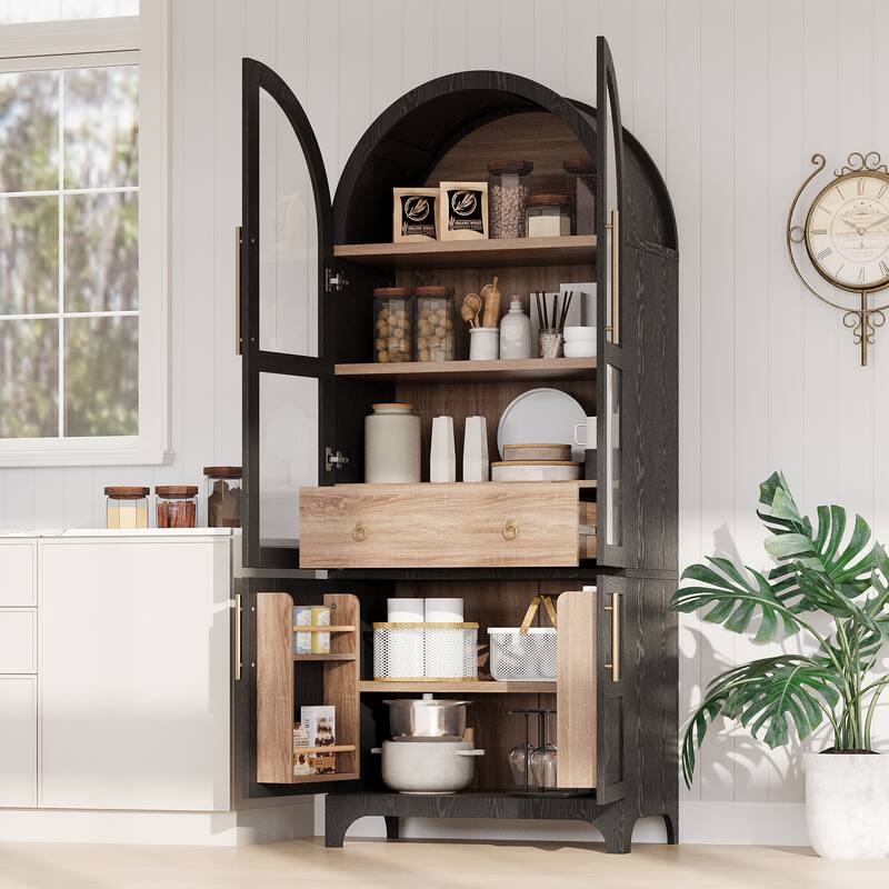 Anmytek 71" Farmhouse Arched Kitchen Pantry Cabinet Black with Glass Doors and Adjustable Shelves
