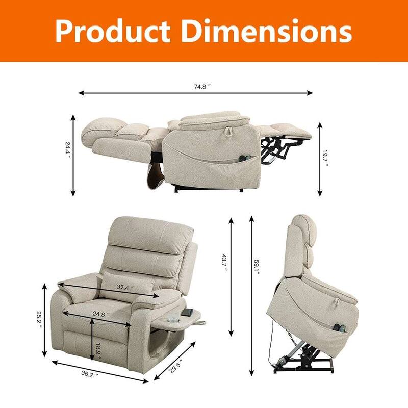 Dual Motor Oversized 180° Lay Flat Chenille Power Lift Recliner Chair with Retractable Tray, Wireless Charge