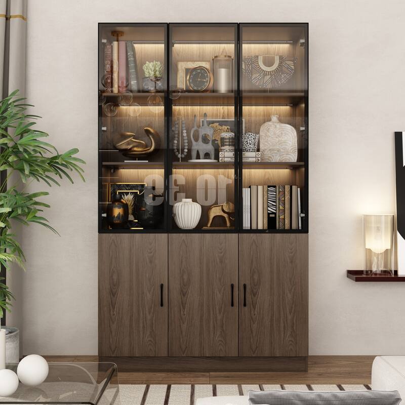 LED-Lit Wood Grain Cabinet - Configurable Storage for Home or Office
