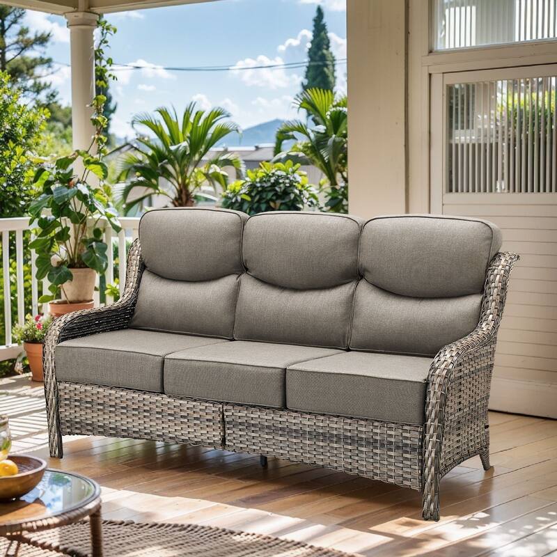 Arcadia 3-Seat Handwoven Wicker Patio Sofa with 6-Inch Thick Cushions - Gray Cushions - Gray Wicker